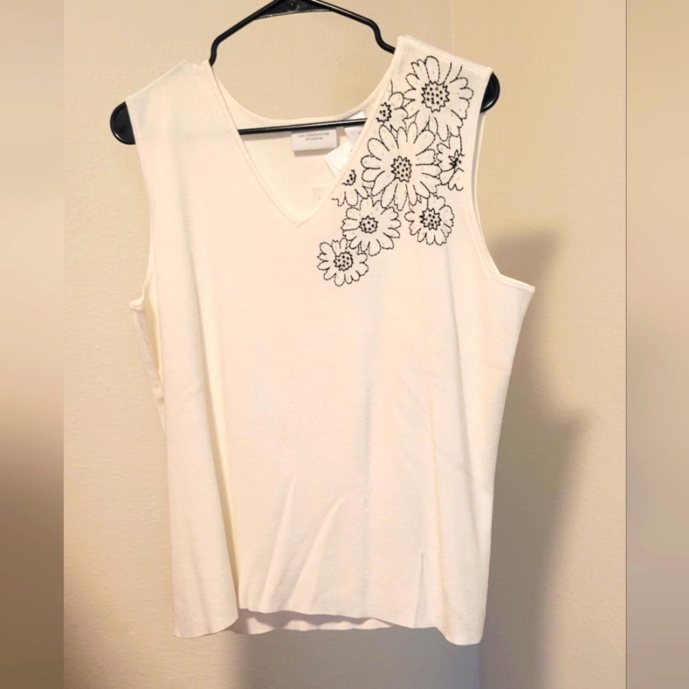 Vintage Liz Claiborne Floral Embroidered White Tank Top